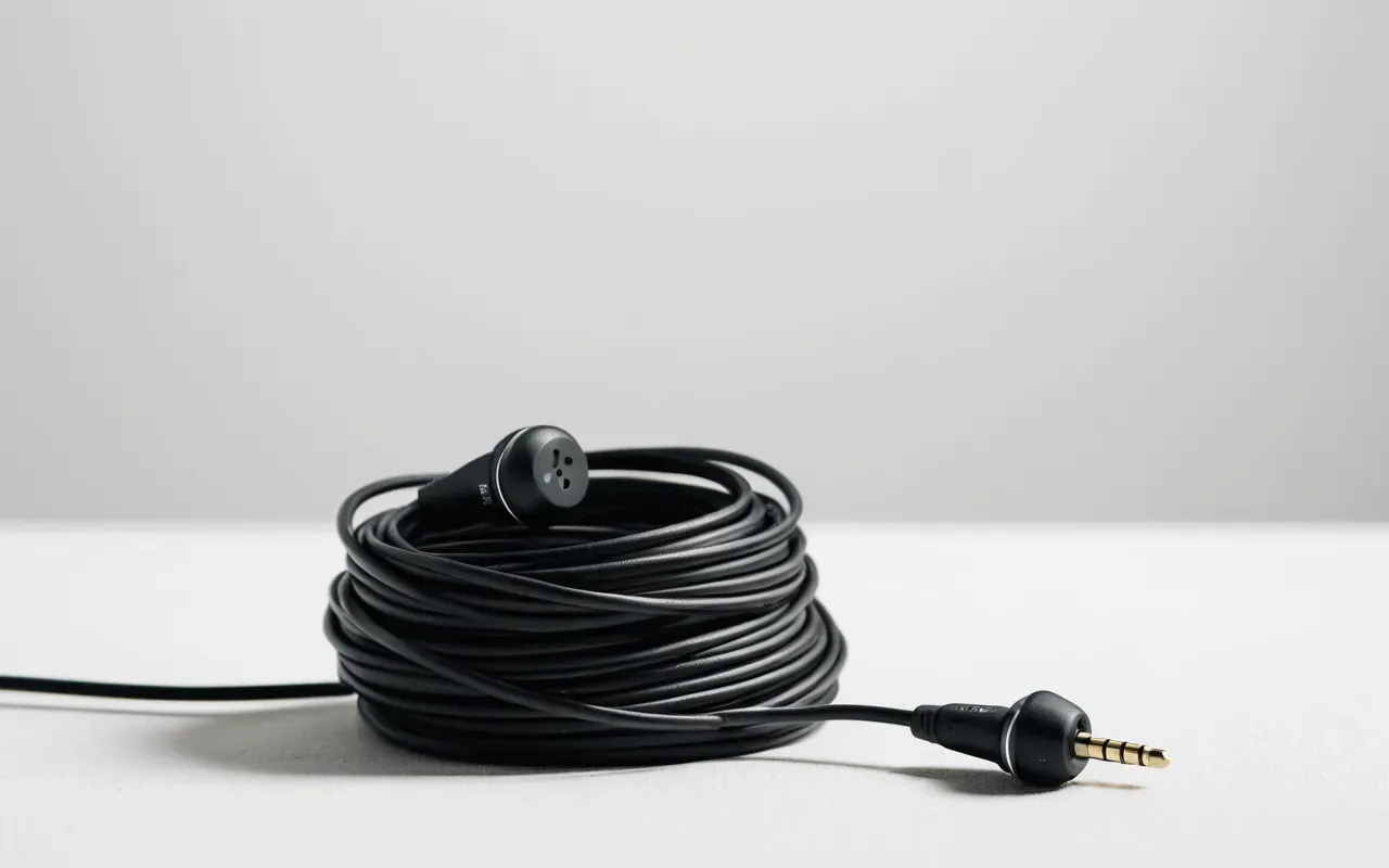 Editorial still life of a tangled black earphone cable lying in a loose knot on a plain white surface, soft shadow casting, minimalist aesthetic, high resolution detail