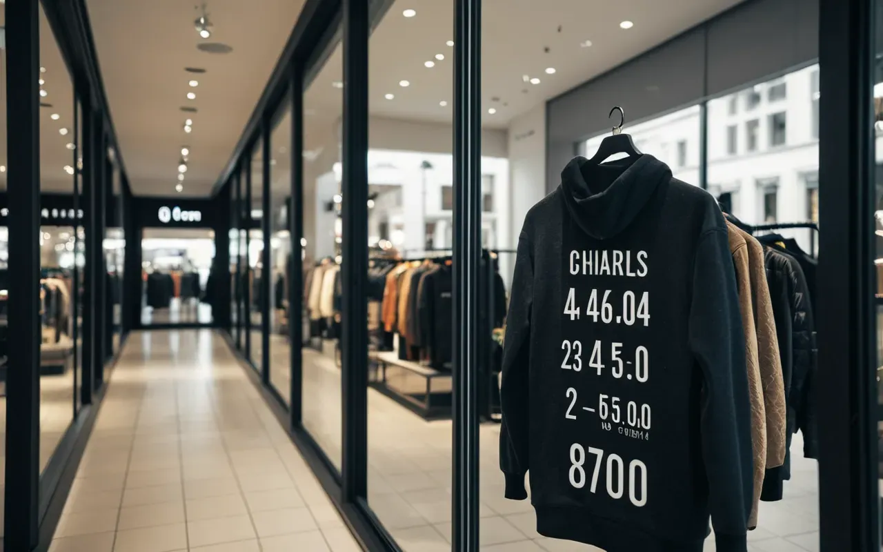 Interior of a modern clothing store with large glass windows reflecting the street outside, soft artificial lighting, clean contemporary decor, no people visible