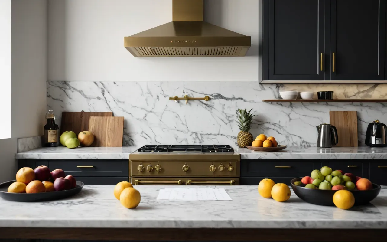 Interior view of a modern minimalist kitchen with marble countertops and brushed brass fixtures, cluttered with scattered papers and half-eaten fruit, soft diffused daylight, editorial photography style
