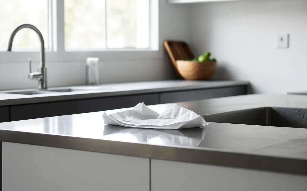 Modern minimalist kitchen countertop with a single crumpled white paper napkin resting near the edge of a stainless steel sink, bright daylight, clean composition
