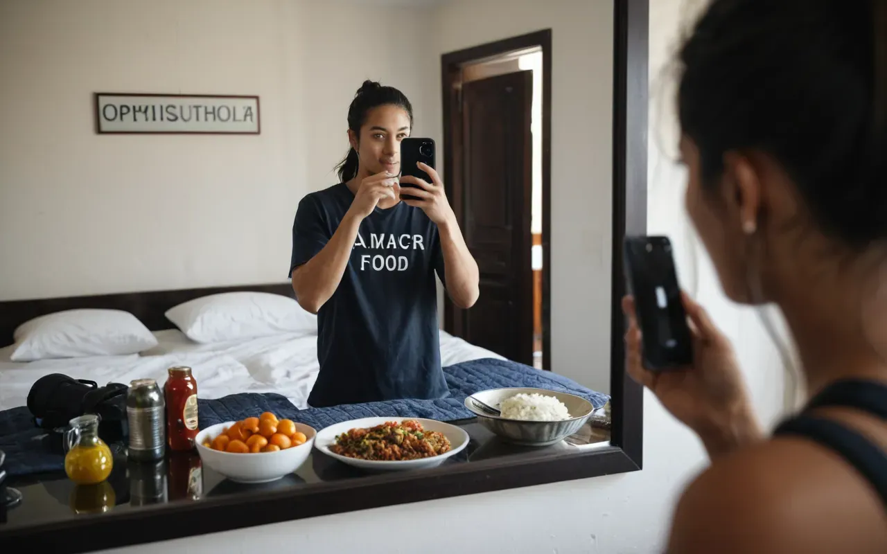 Person standing in front of a large bedroom mirror taking a selfie with a phone, messy bed and open food container visible in the background reflection, bright indoor lighting, candid style