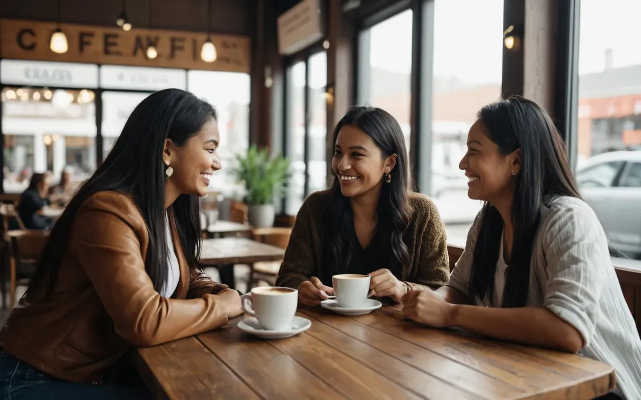 Three diverse women sitting around a wooden table in a modern cafe sharing coffee and smiling with natural light streaming through large windows highlighting their relaxed expressions