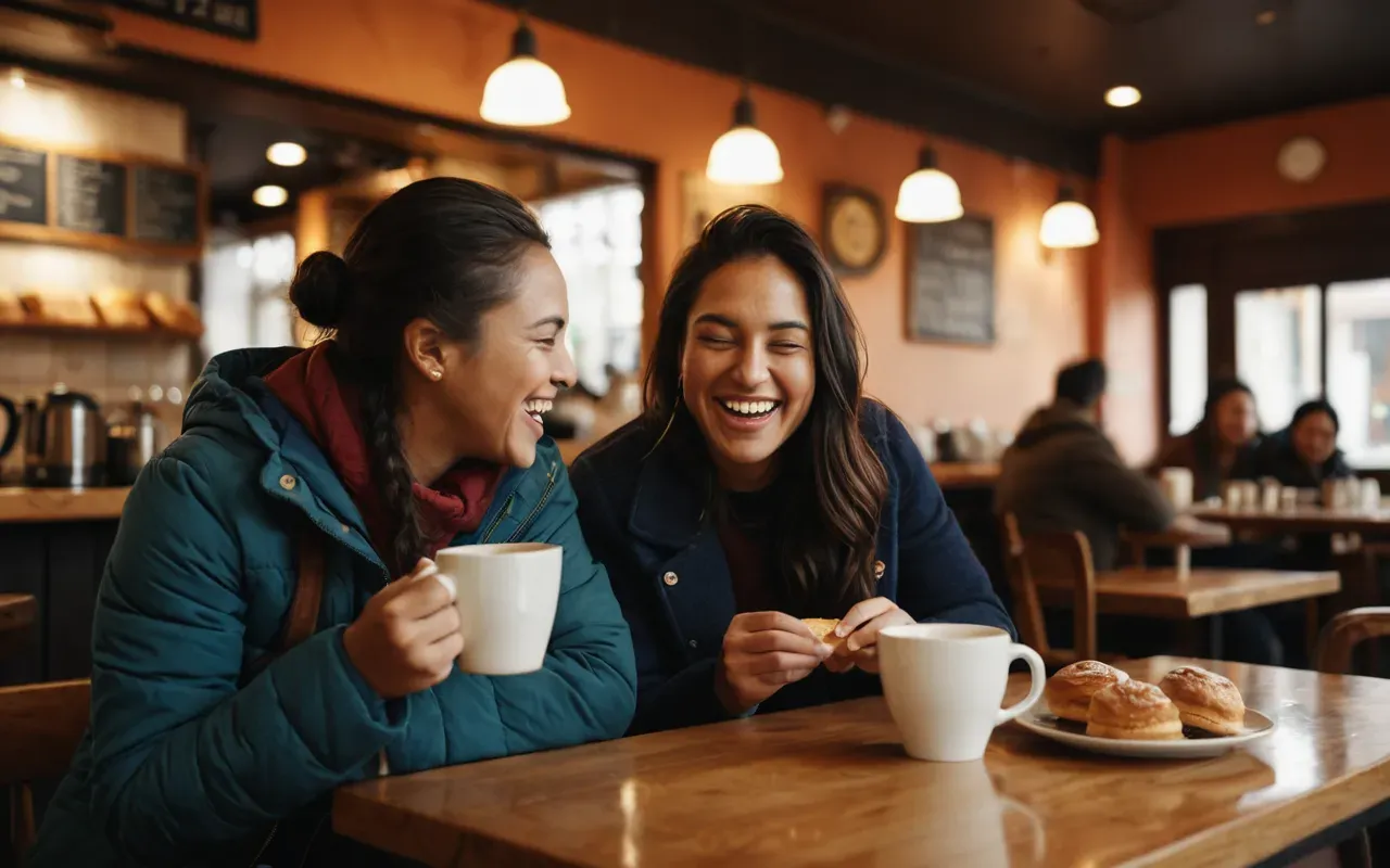 shared laughter benefits Two friends laughing heartily at a cafe table with steaming mugs and pastries between them, warm ambient lighting creating a cozy atmosphere in the background.