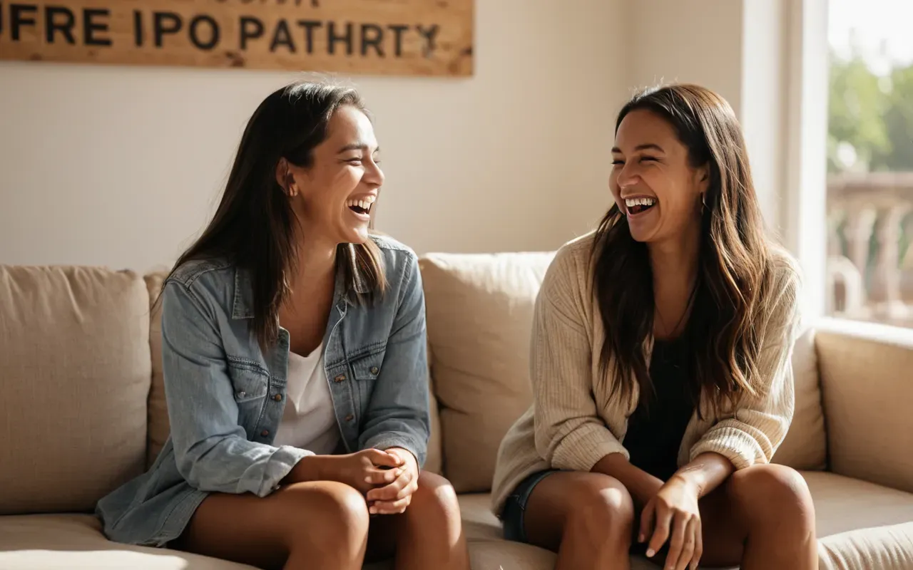 social currency Two friends sitting on a comfortable beige sofa in a sunlit room sharing a laugh with warm expressions and relaxed body language conveying genuine joy.