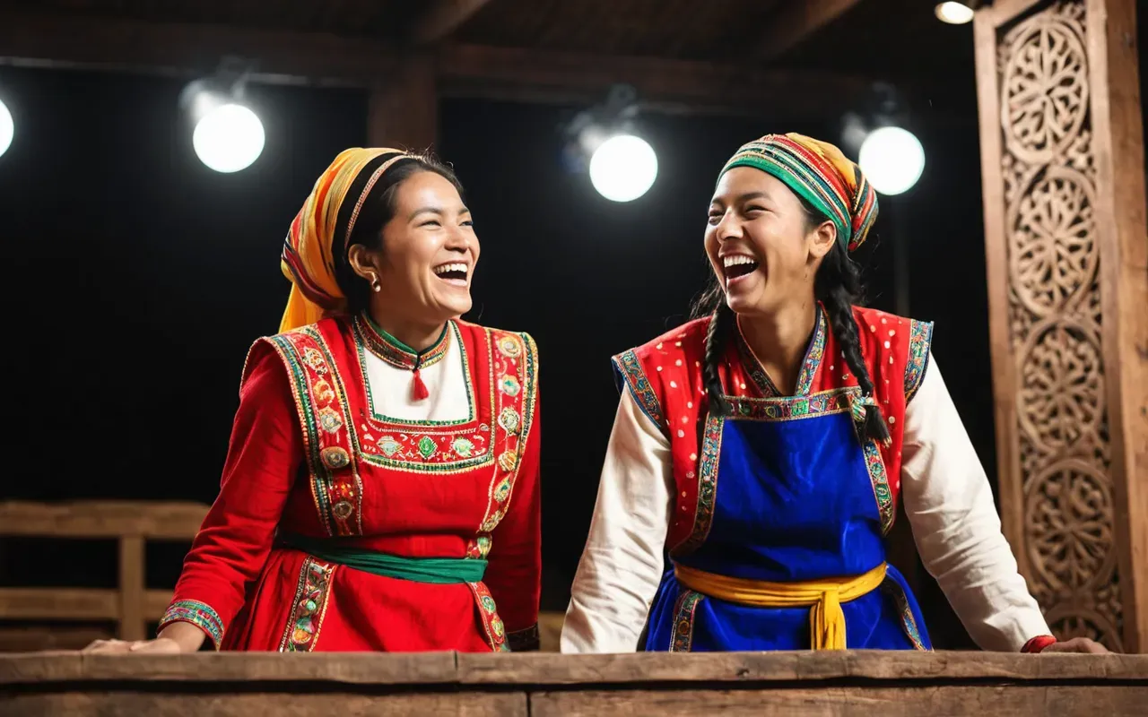 Two individuals in colorful costumes laughing heartily on a wooden stage under bright white spotlights. Their expressions are joyful and relaxed as they lean towards each other, creating a warm and energetic scene free of any props or distractions.