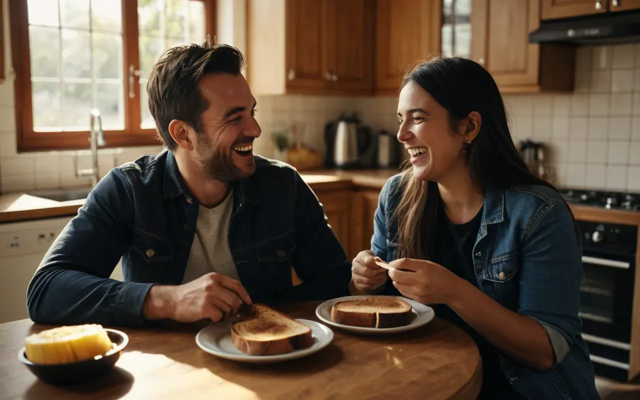 Two people sitting at a kitchen table sharing a laugh while looking at a piece of burnt toast on a plate between them with warm afternoon light streaming through the window.