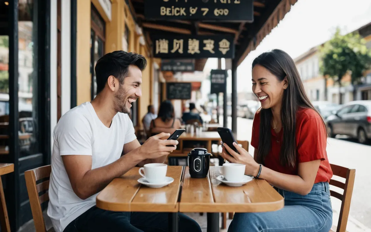 Two people sitting at a small cafe table laughing together while holding their smartphones in bright natural daylight.