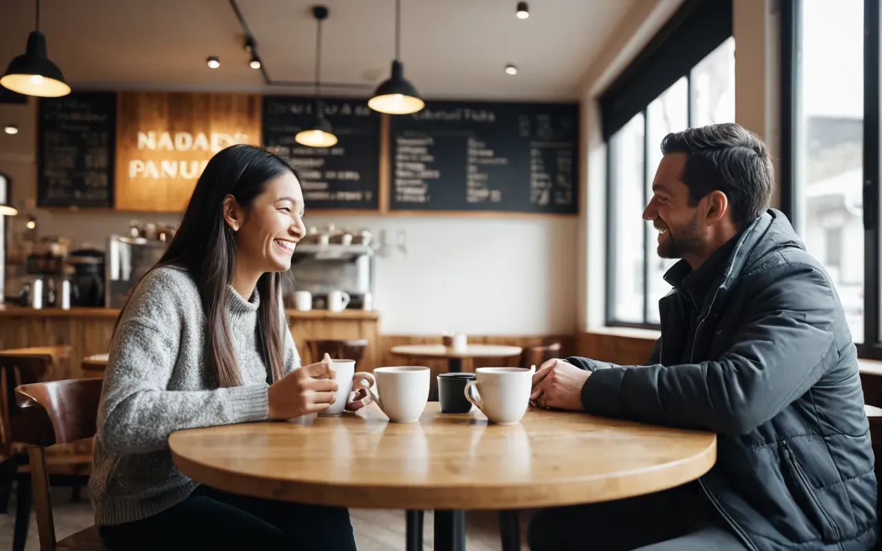 Two people sitting at a small round wooden table in a bright modern cafe looking relaxed and smiling softly while holding cups of tea natural light streaming through large windows no text visible.