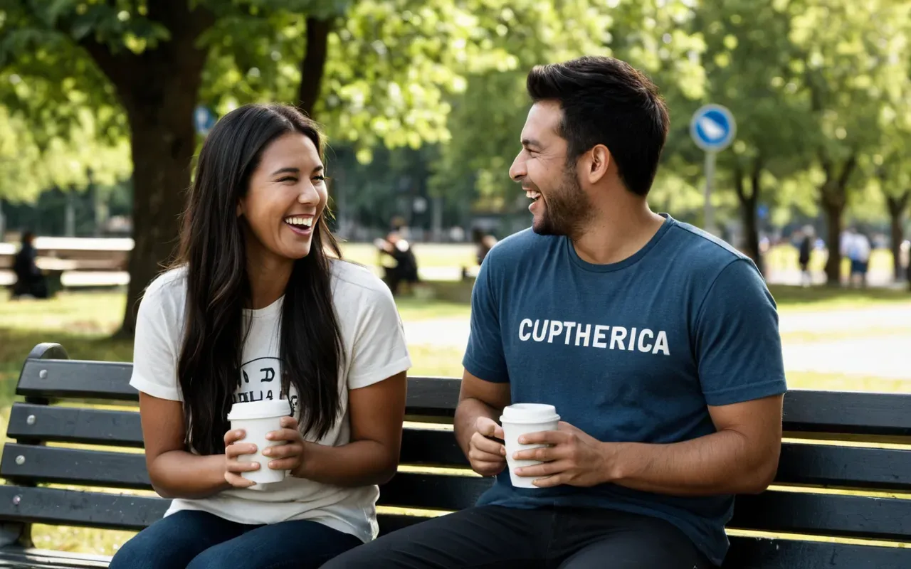 Two people sitting on a park bench laughing together. They are holding cups of coffee and sharing a moment in a sunny outdoor setting with green trees in the background. The mood is cheerful and relaxed.