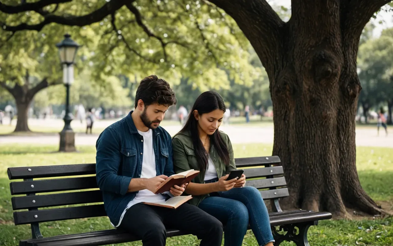 Two people sitting on a park bench under a large oak tree. One person is holding an open book while the other looks at a smartphone. The background shows blurred green leaves and soft daylight.