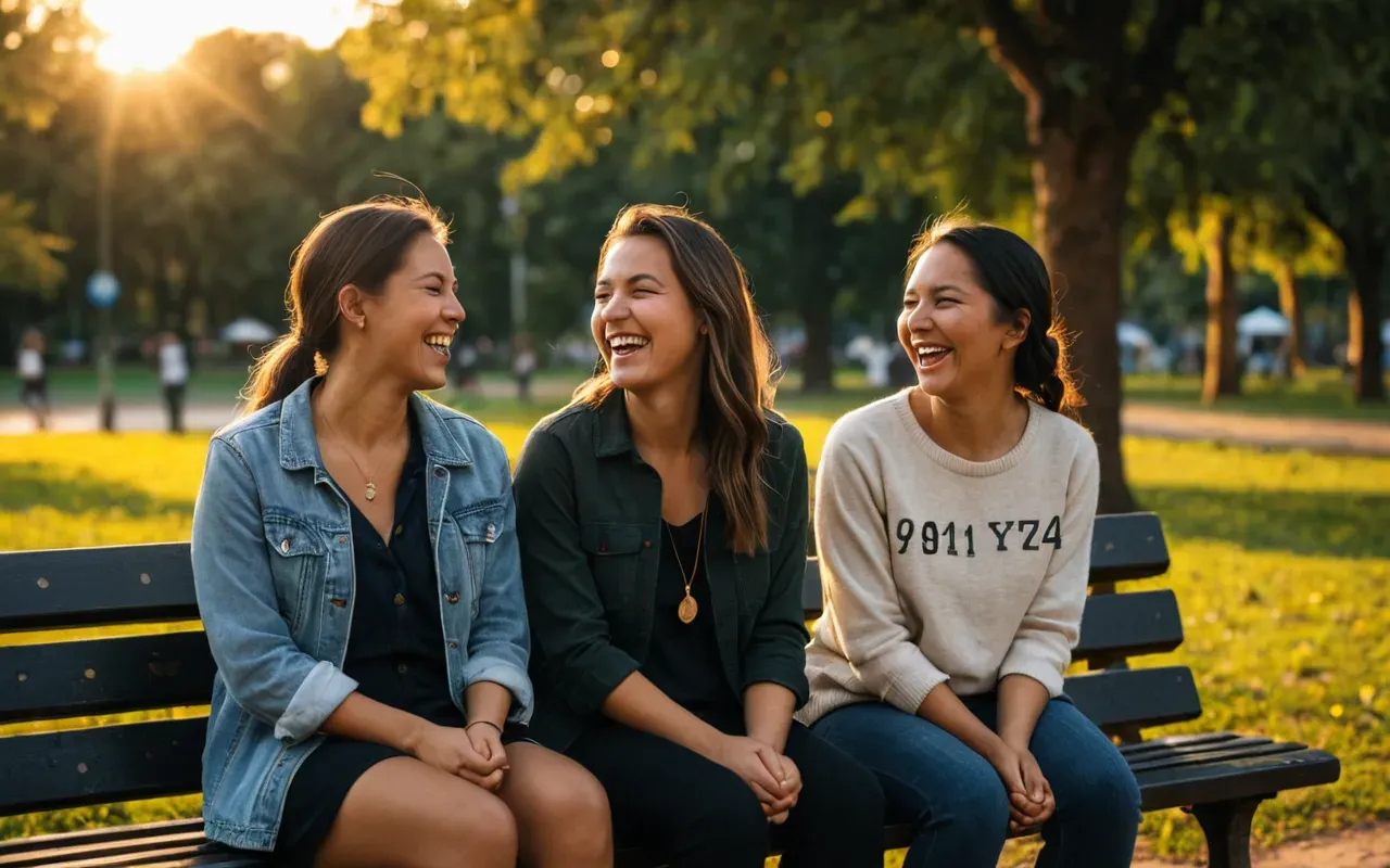 Two women sitting on a bench in a park laughing heartily with warm golden hour light illuminating their faces and trees blurred in the background creating a cozy atmosphere