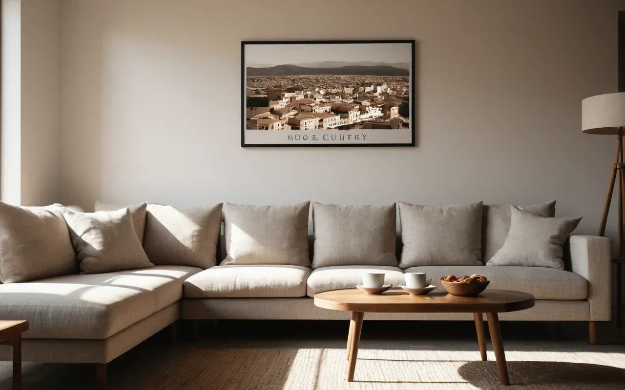 Wide interior shot of a modern minimalist living room with a soft neutral sofa and a small side table holding two ceramic cups, warm afternoon light through sheer curtains