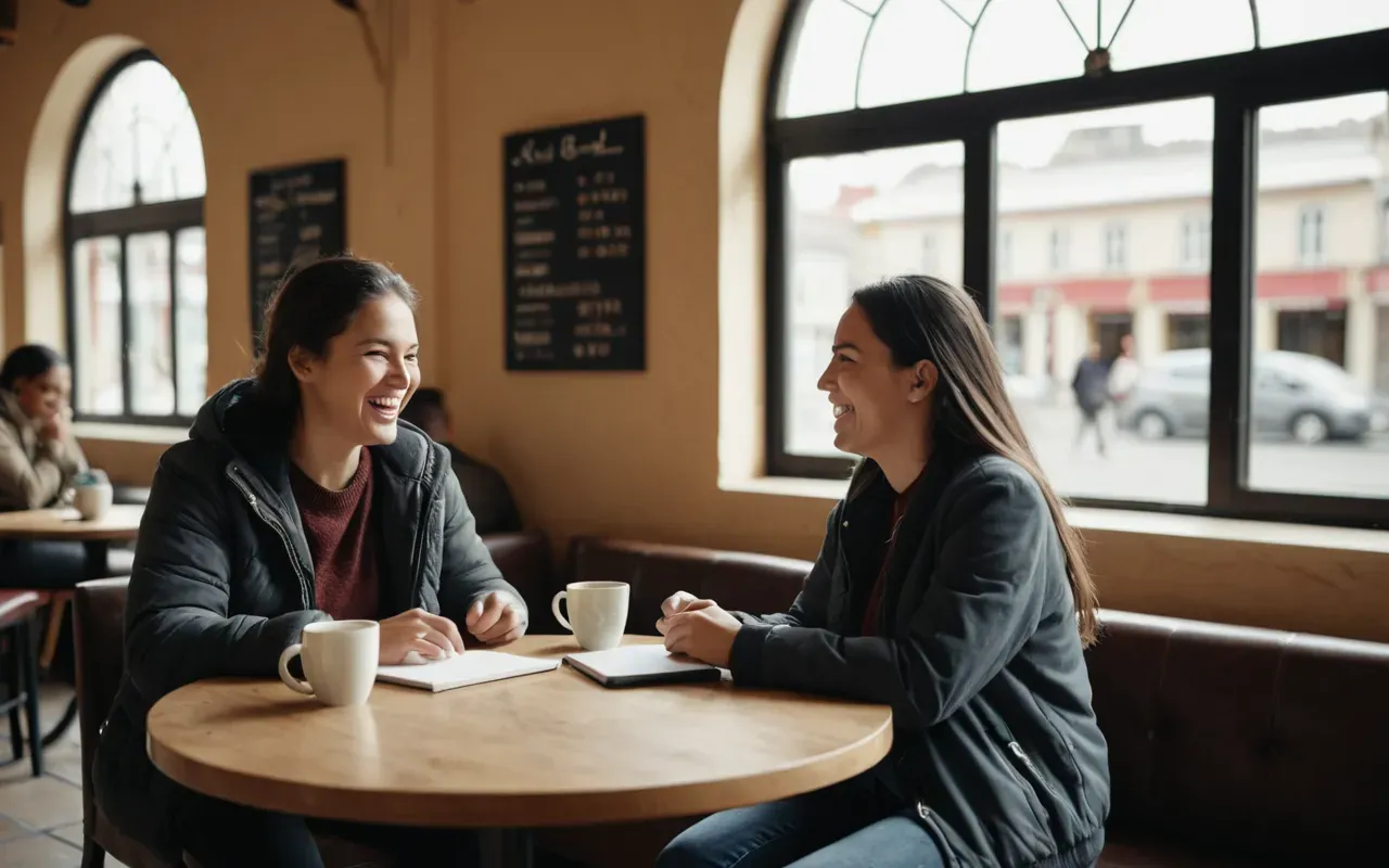 social connection,mood boosters,funny observations,everyday anecdotes,lifestyle comedy,daily quirks,humor in routine Wide shot of two people sitting across a small round café table laughing together over cups and notebooks, warm natural daylight from large windows, contemporary neutral interior, candid editorial photography style