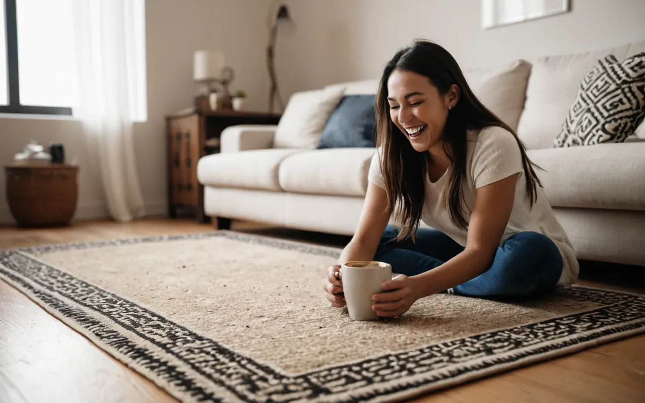 A bright modern living room with a beige sofa and wooden floor. A person is laughing while holding a coffee cup that has spilled slightly on the rug. The lighting is warm and natural, creating a cozy atmosphere.