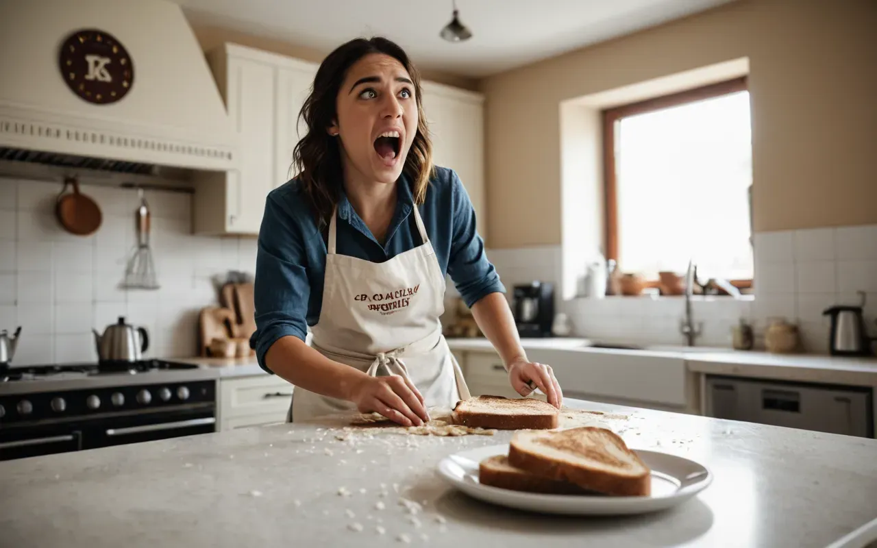 clumsy accidents A chaotic kitchen scene with coffee spilling on a white counter, a slice of toast in mid-air, and a person looking surprised with a messy apron, bright natural light, candid style, no text or signs