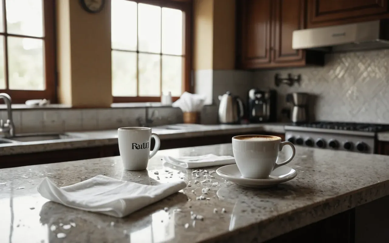 A chaotic modern kitchen counter with a spilled ceramic coffee cup, scattered white paper napkins, and soft morning light streaming through a large window