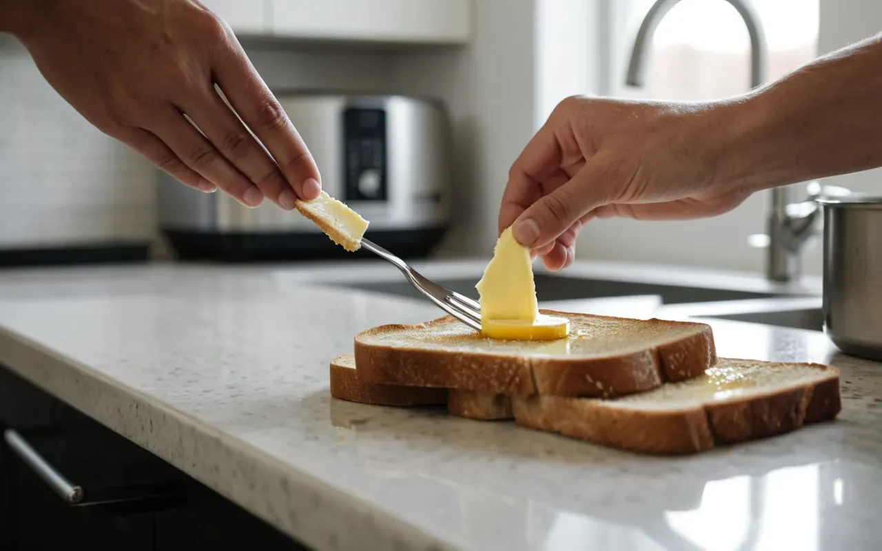 A close-up of a hand dropping a slice of toast onto a modern kitchen counter with the butter side down, captured in high-speed motion with soft natural light and neutral tones.