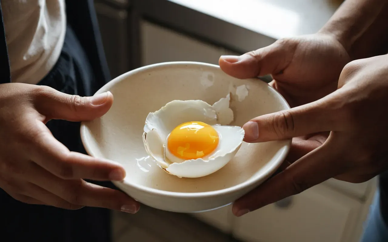 clumsy accidents A close-up of a hand holding a broken eggshell, another hand holding a bowl, bright kitchen background, soft shadows, candid style, no text or signs, realistic lighting