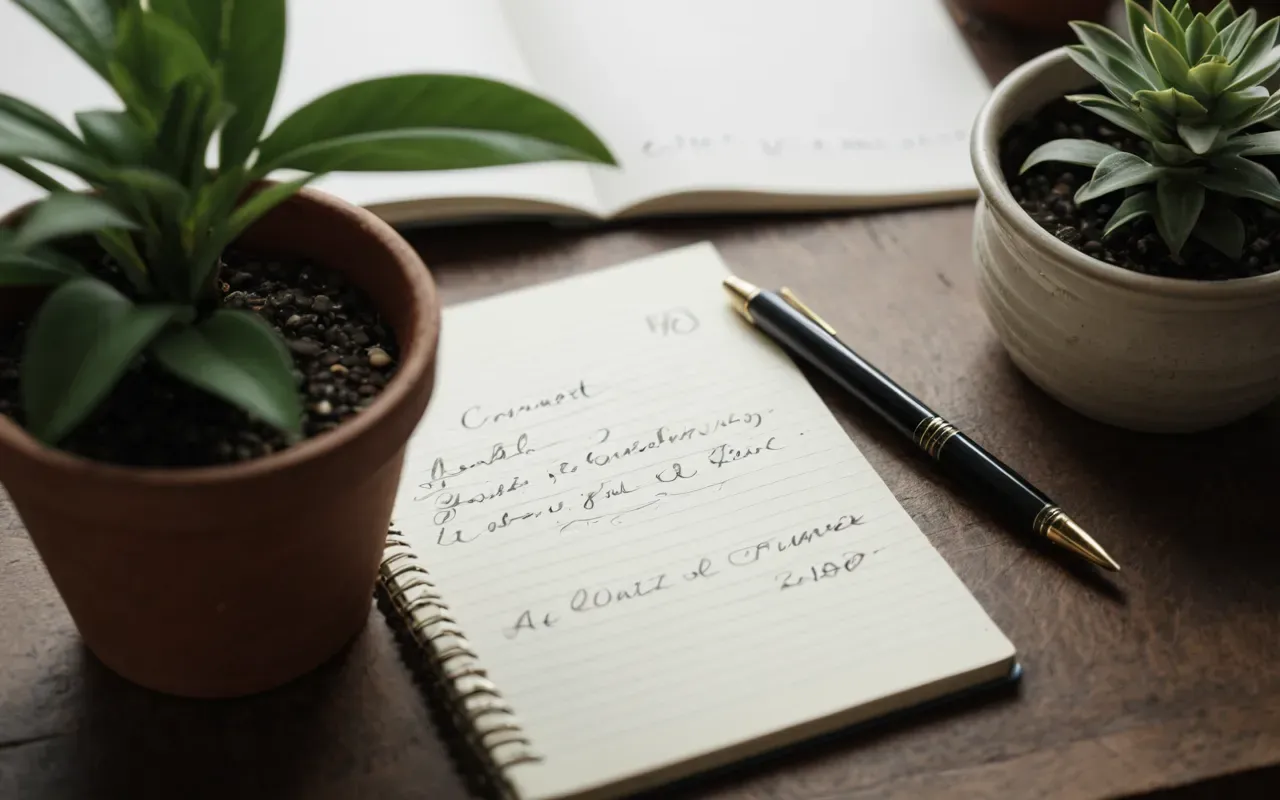 A close-up of a handwritten letter resting on an open notebook next to a pen and a small potted plant, soft natural light illuminating the paper texture and creating a sense of personal reflection and thoughtful writing.