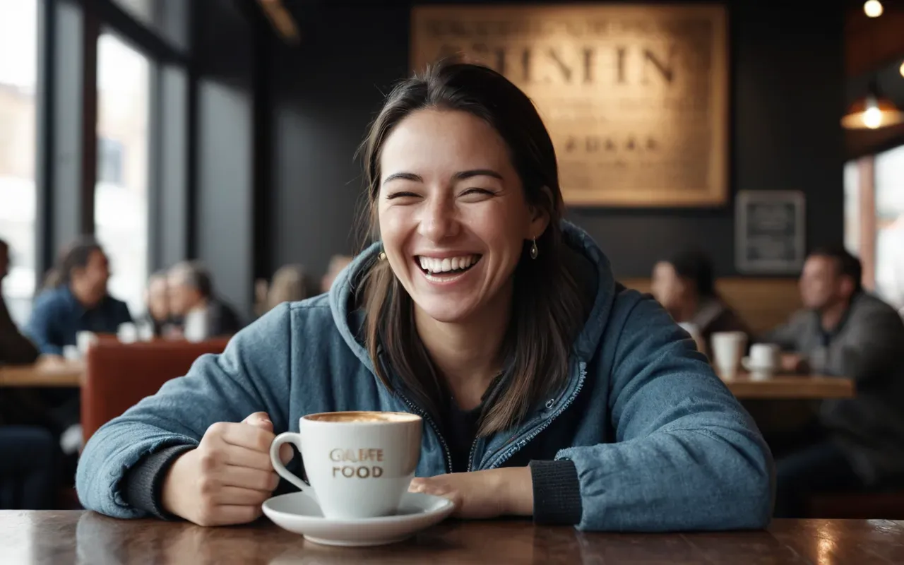 A close-up of a person’s face showing genuine relief and laughter while sitting at a modern cafe table with a steaming cup of coffee.