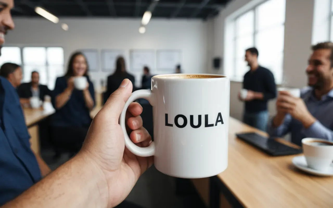 A close-up of a person's hands holding a steaming coffee mug in a bright open-plan office, with a blurred background of colleagues laughing and gesturing animatedly, conveying a sense of relaxed camaraderie.