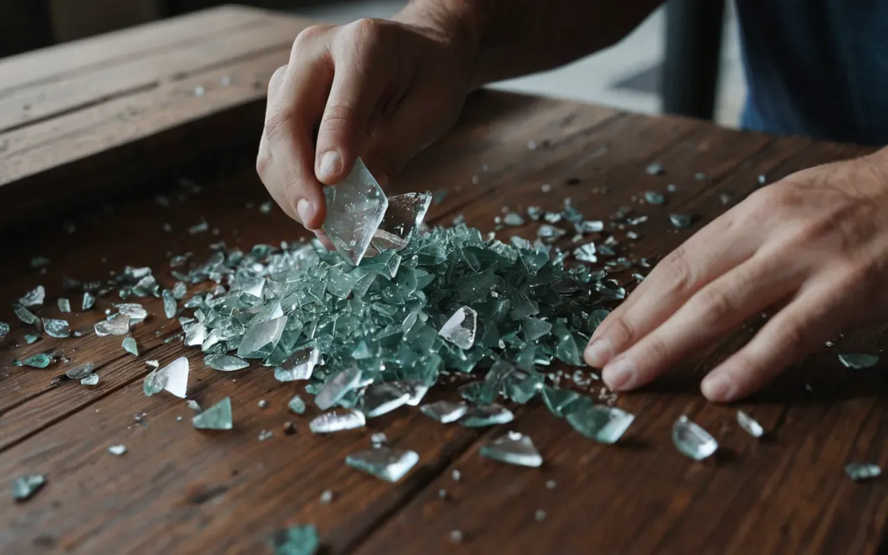 A close up of hands picking up broken glass shards from a modern wooden table with soft natural lighting in the background