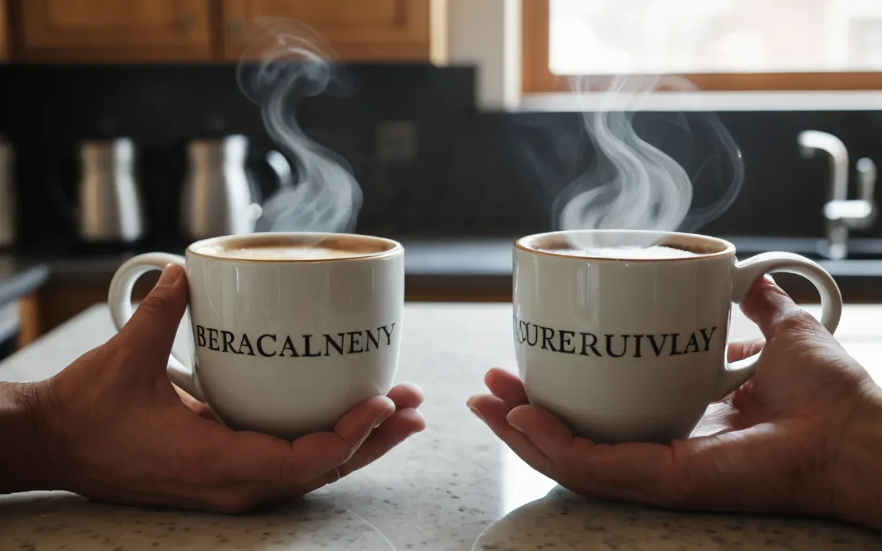 A close-up of two hands holding ceramic mugs filled with hot coffee. Steam rises gently into the soft focus background. The setting is a bright kitchen counter with a neutral color palette, capturing an intimate moment of shared silence and comfort.
