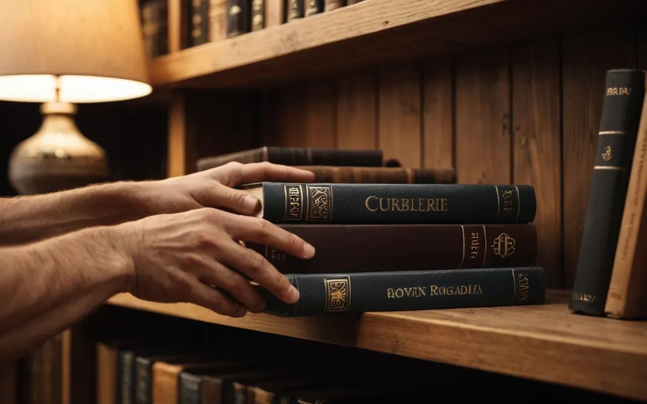 A close-up of two hands reaching for the same book on a wooden shelf. The background is softly blurred with warm ambient lighting from a nearby lamp. The composition emphasizes connection and shared interest in literature without any visible text or branding.