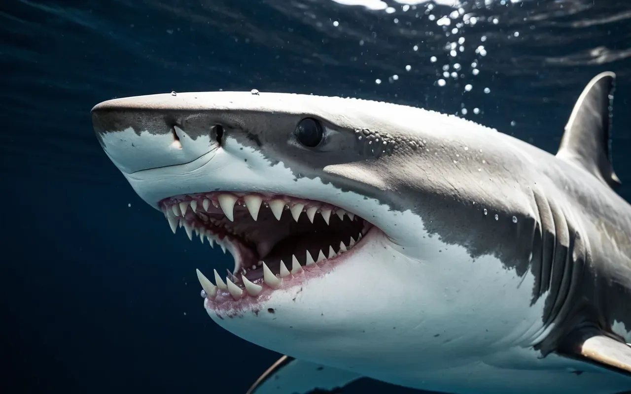 A close-up view of a great white shark's jaws open, revealing rows of sharp, serrated teeth, with water droplets visible on the skin, set against a dark, deep blue background that highlights the intense, raw power of the predator without any human presence or artificial lighting.