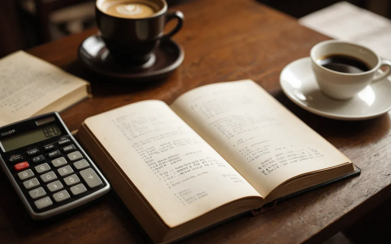 A close up view of an open book with blank pages resting on a wooden desk next to a vintage calculator and a cup of coffee in warm lighting