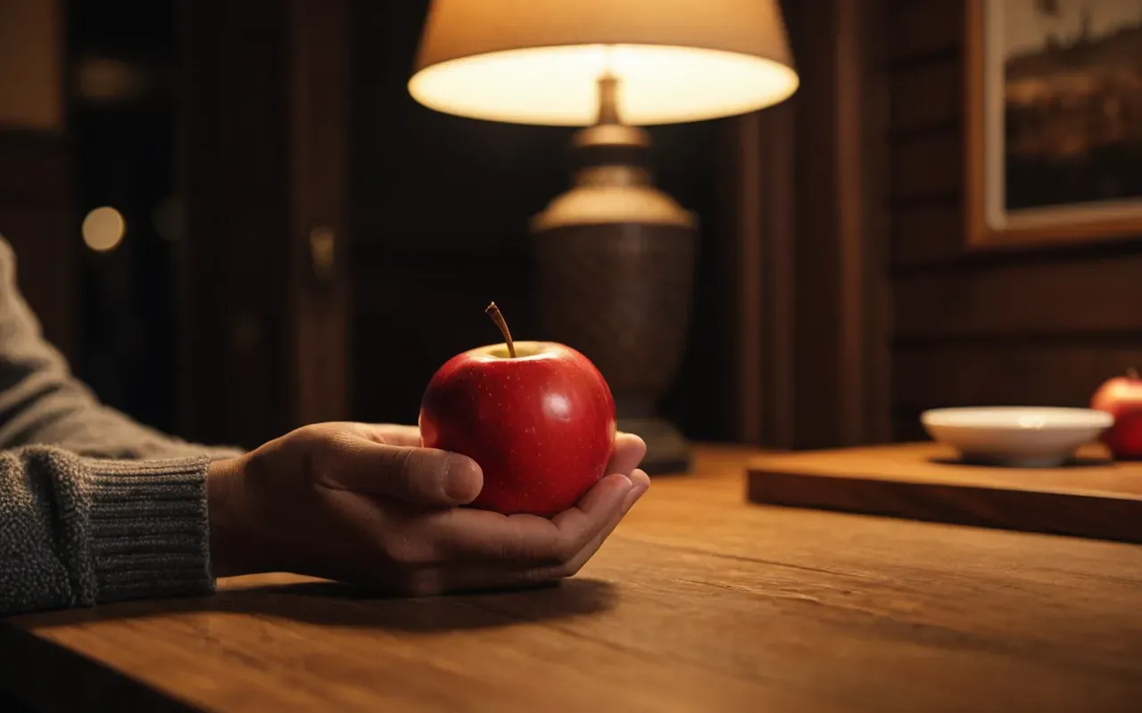 A close up view of two hands holding a small red apple over a wooden table with soft warm lighting from a nearby lamp background blurred showing a cozy interior space with neutral colors and no visible text or objects