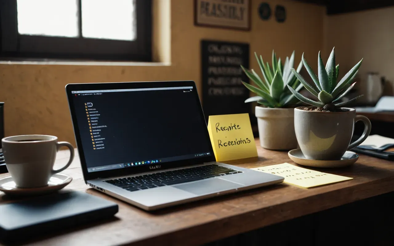 A cluttered but charming desk with a laptop open, scattered sticky notes, a steaming cup of coffee, and a small succulent plant in a ceramic pot, illuminated by warm indoor lighting suggesting a late night work session.