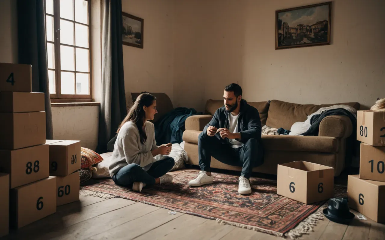 relationship advice A cozy apartment living room filled with scattered wedding decorations and empty boxes. Two people sit on the floor surrounded by clutter, sharing a quiet moment over mugs of tea in soft afternoon light.