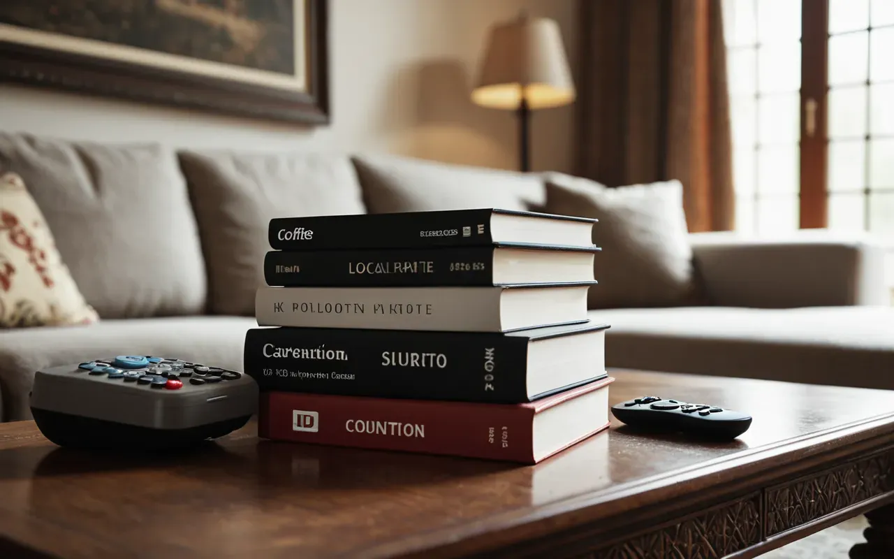 household pranks A cozy living room with a sofa and a coffee table where a remote control is hidden under a stack of hardcover books in soft afternoon light.