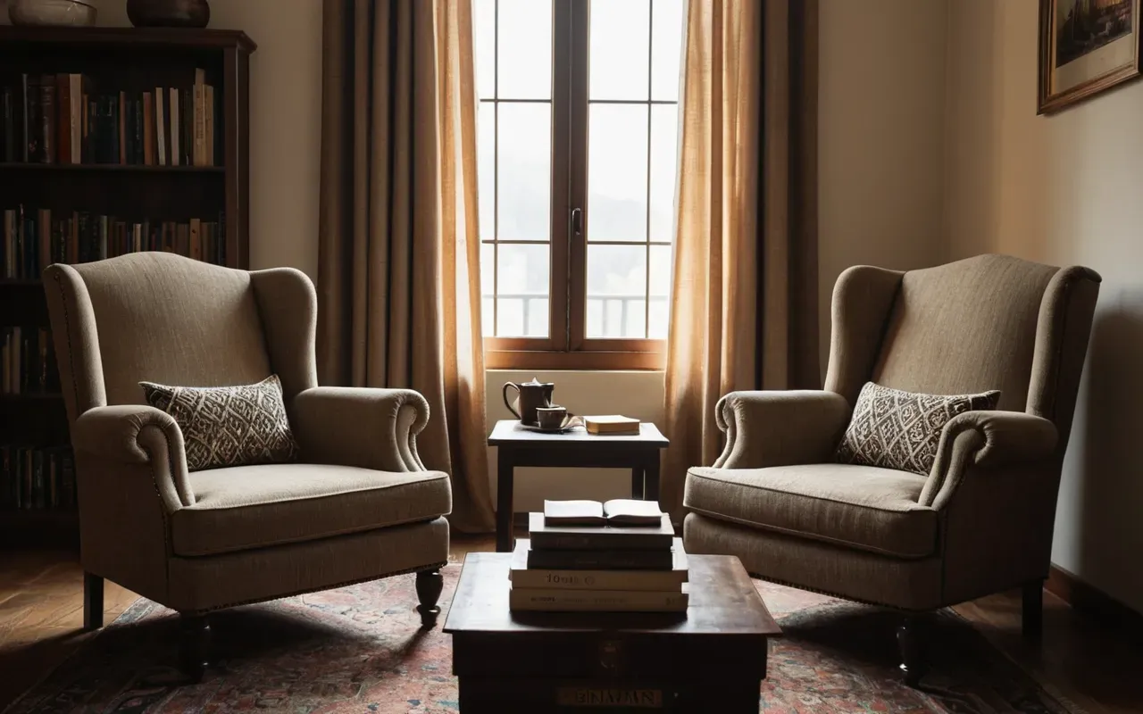 A cozy modern living room with two mismatched armchairs facing each other. Warm afternoon light streams through sheer curtains. A stack of hardcover books rests on a wooden coffee table between the chairs, suggesting a long conversation about life and love.