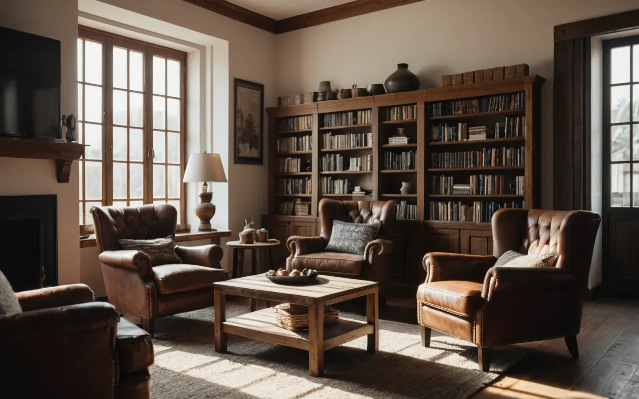 A cozy modern living room with two mismatched armchairs facing each other, soft morning light streaming through large windows, books scattered on a wooden coffee table, and mugs of tea resting nearby, creating a warm and inviting atmosphere for conversation.