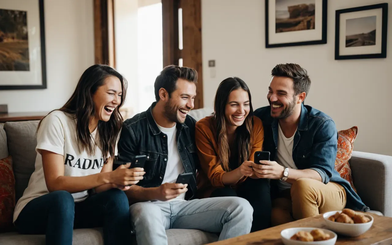 relatable stories A group of friends laughing together on a couch, one holding a phone, bright living room, soft lighting, casual clothing, genuine expressions, no text or objects with writing