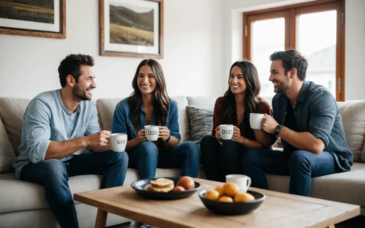 A group of friends sitting on a modern sofa in a bright living room, holding mugs and smiling, relaxed posture suggesting casual conversation