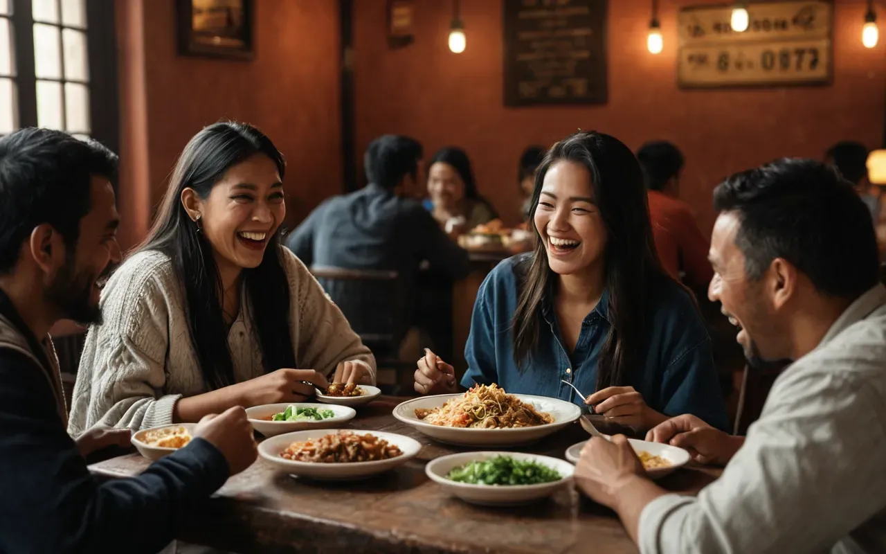 clumsy accidents A group of people sharing a meal, one telling a story, others laughing, warm lighting, casual setting, candid style, no text or signs, realistic lighting