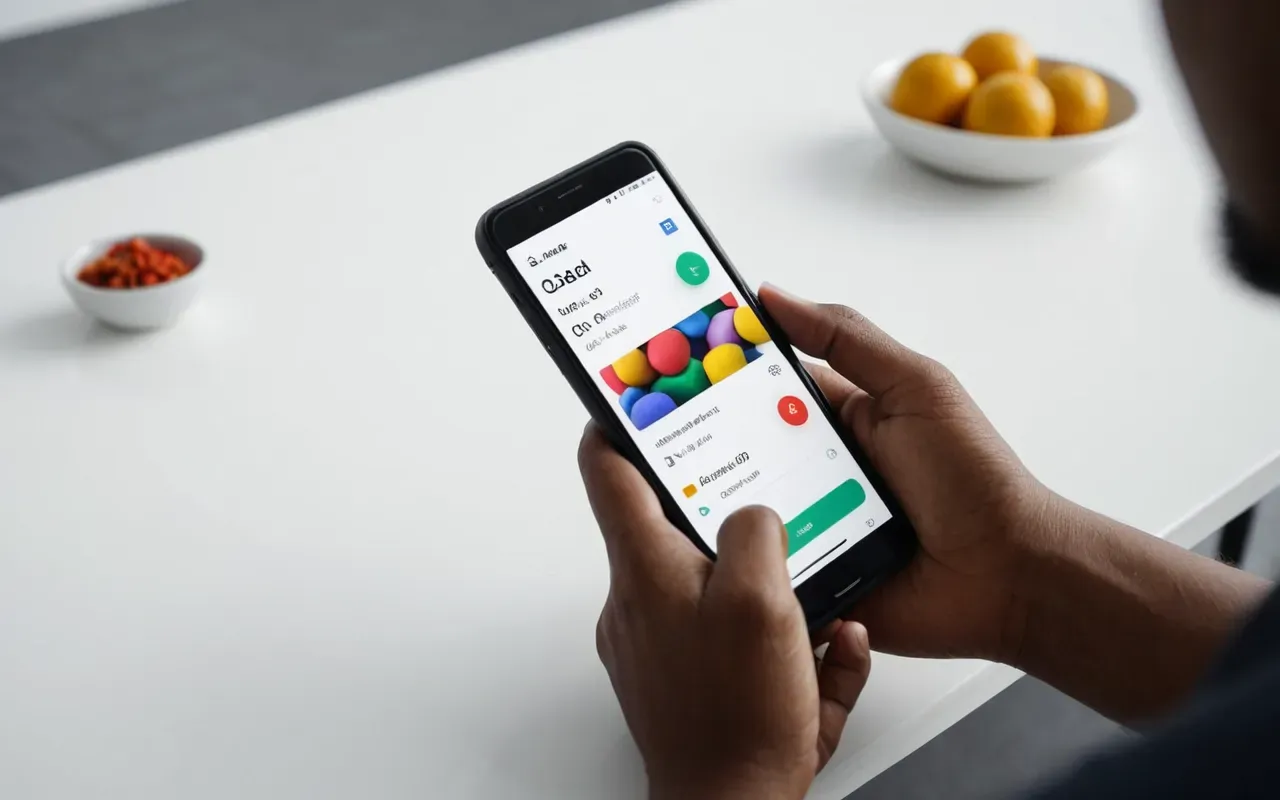 A hand holding a smartphone displaying abstract colorful shapes on the screen while resting on a clean white table with soft shadows and minimal background distractions nearby