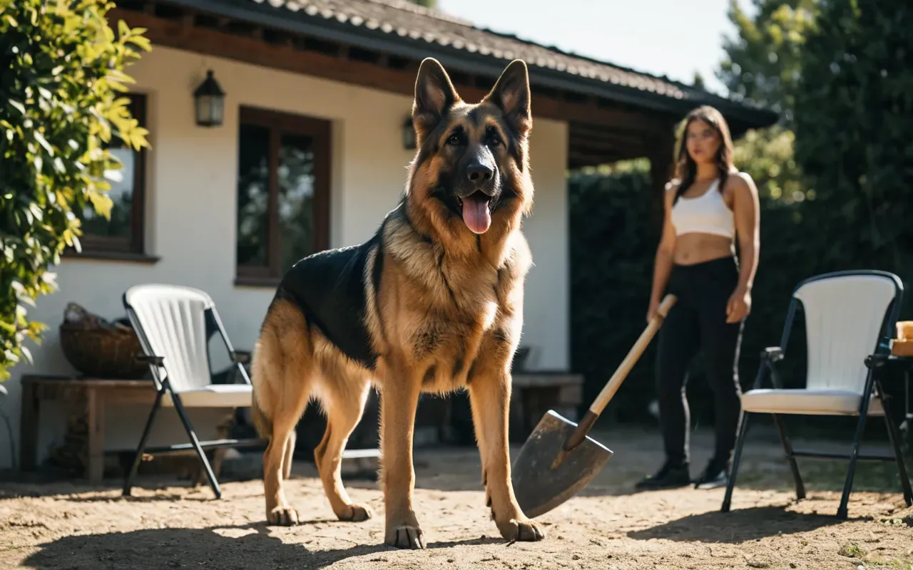 viral dog video A large German Shepherd dog standing in a sunny backyard holding an axe in its mouth while looking toward two blurred human figures sitting on plastic chairs.
