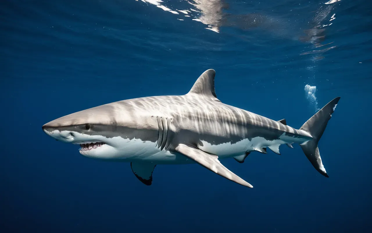 A large great white shark swims calmly in deep blue open water, its body sleek and powerful, with a distant, small silhouette of a sea lion visible far ahead in the murky distance, emphasizing the scale and patience of the predator in a quiet, natural underwater setting.