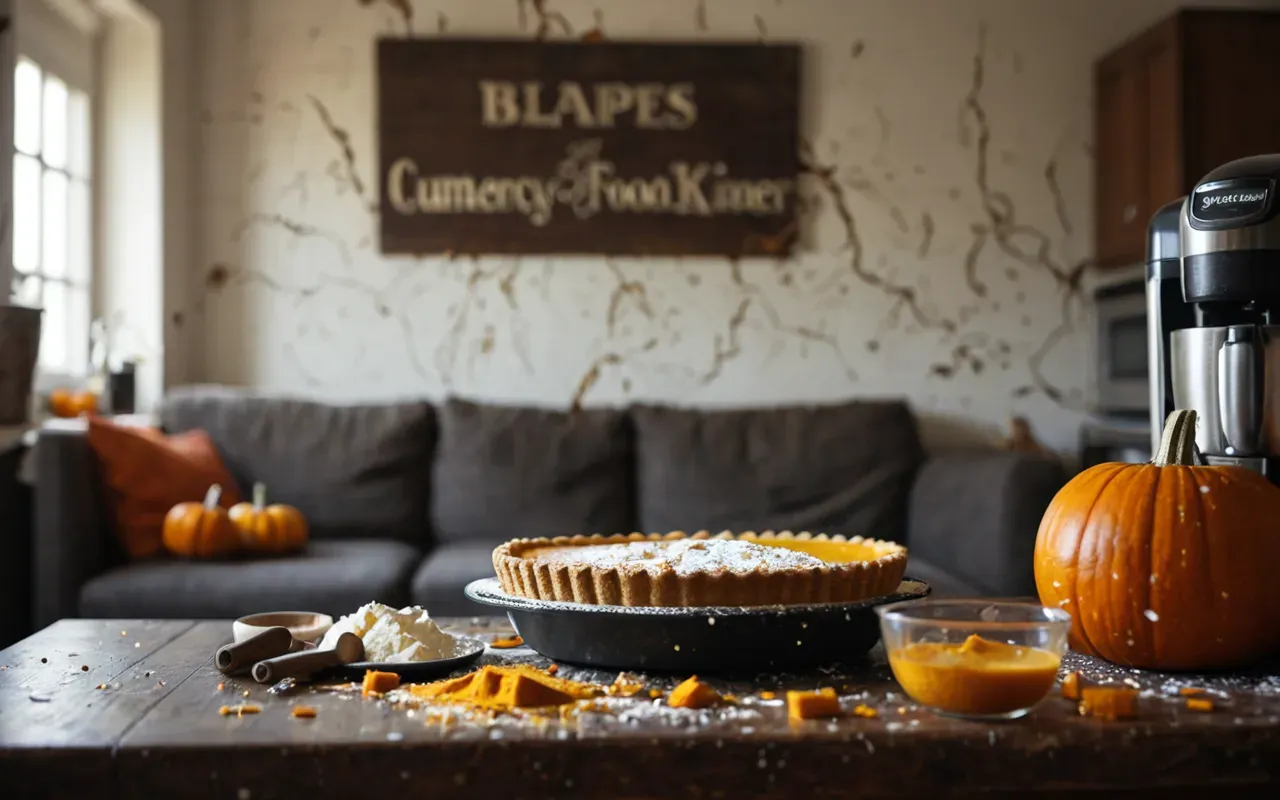 funny thanksgiving mishaps A living room wall splattered with orange pumpkin pie filling next to a broken blender and scattered kitchen items in soft daylight