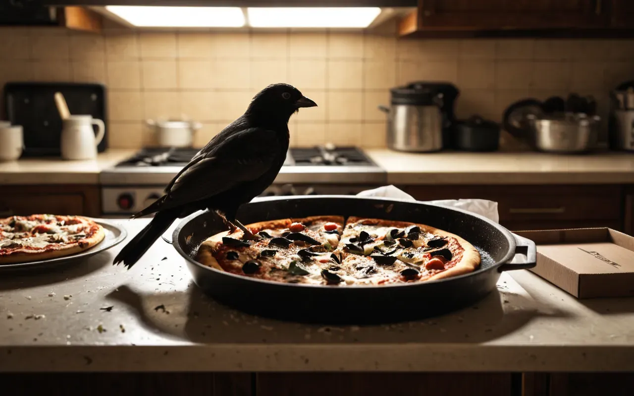 funny thanksgiving mishaps A messy kitchen counter with a burnt blackened bird in a pan next to an open pizza box and scattered napkins under warm indoor lighting