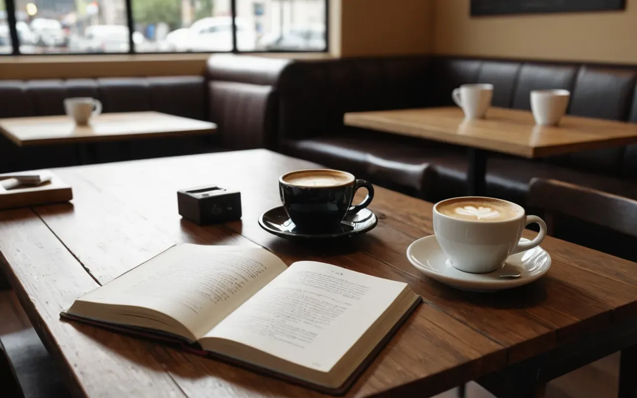 A modern coffee shop table where a phone is placed face down next to two cups of coffee and an open book
