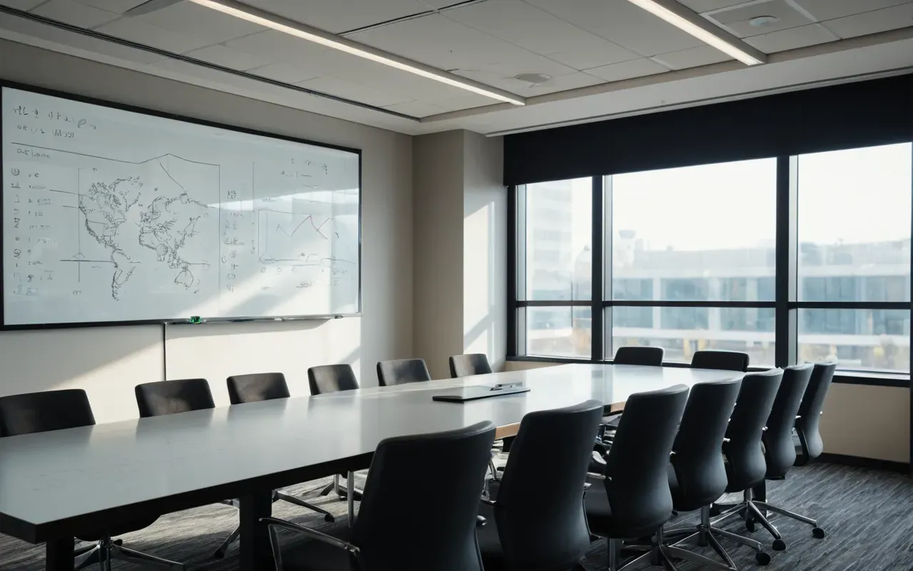 A modern glass-walled conference room with empty chairs and a whiteboard covered in abstract diagrams, bathed in cool morning light, featuring a single crumpled paper ball on the polished wooden floor.