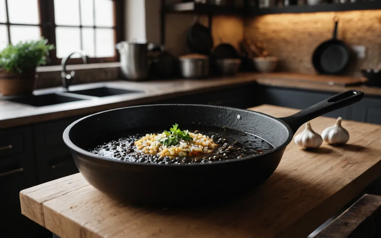 A modern kitchen counter with a blackened garlic pan and a bowl of dark soup, soft overhead lighting highlighting the texture of the food