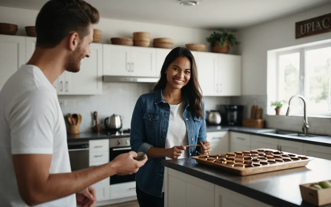 A modern kitchen with white cabinets and stainless steel appliances. A person is standing near the counter holding a wooden spoon and smiling broadly at another person.