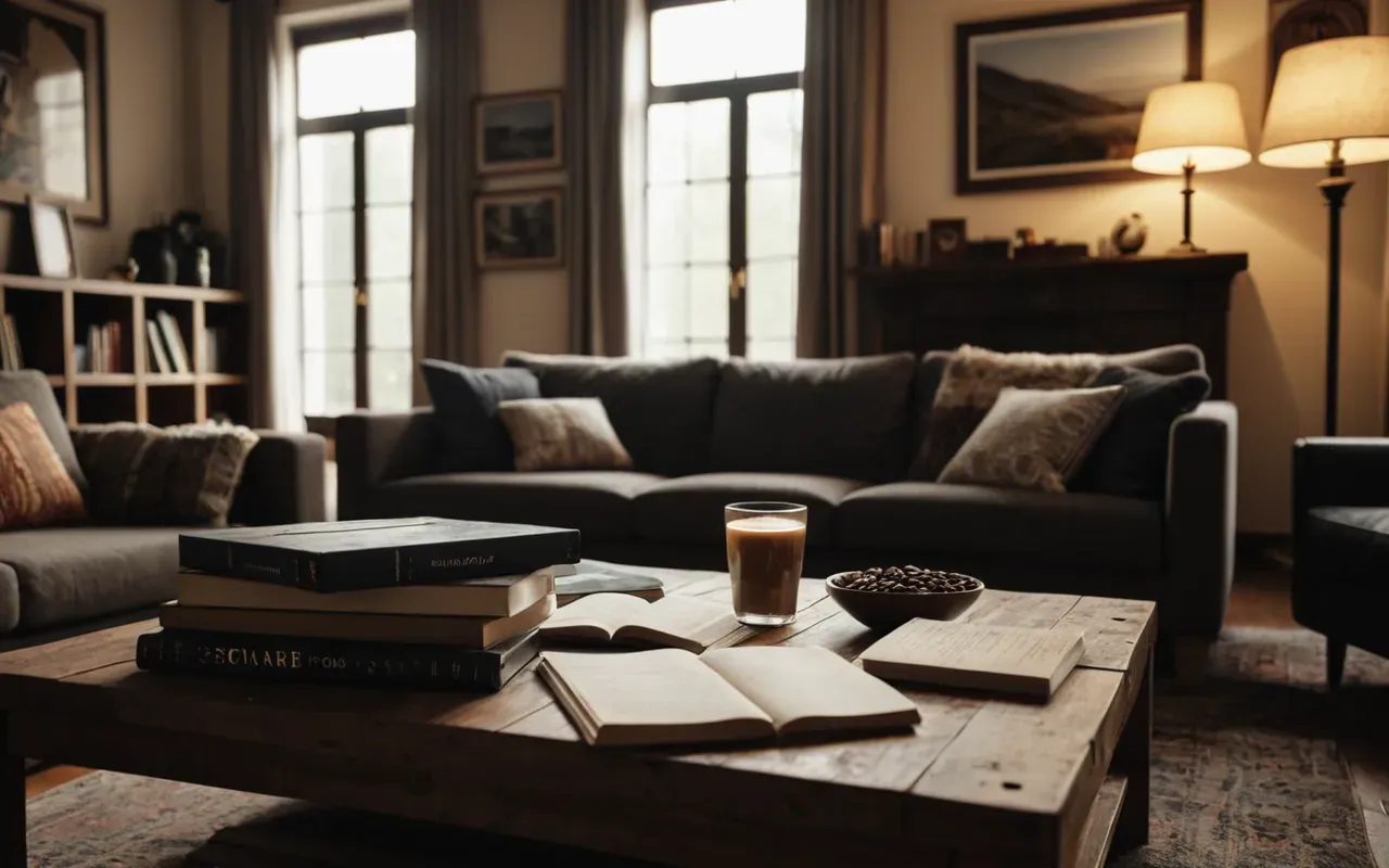 A modern living room with a messy coffee table and scattered books, soft evening light creating a cozy and lived-in atmosphere