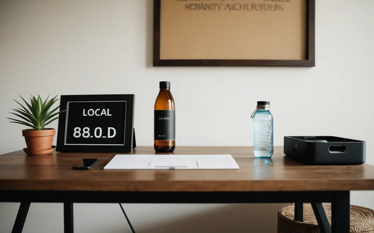 A modern minimalist desk setup with a clear water bottle and a small potted plant in warm afternoon light.